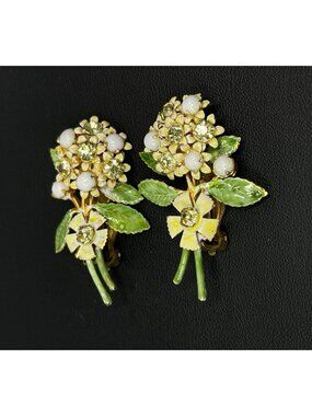 Vintage Signed Robert Floral Bouquet Clip-On Earrings White Enamel Faux Pearl Rh